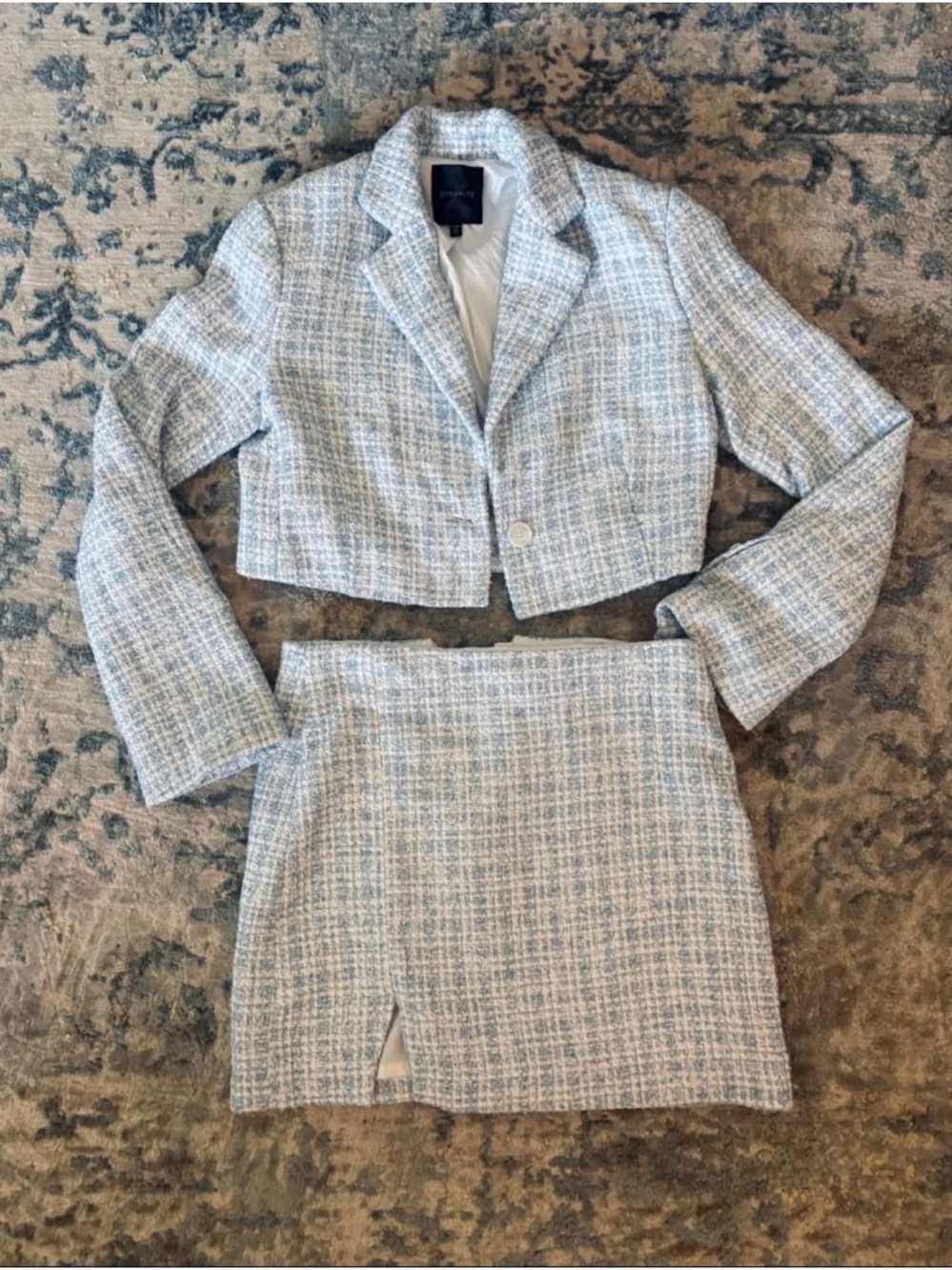 Dynamite Light Blue and Cream Tweed Two-Piece Set